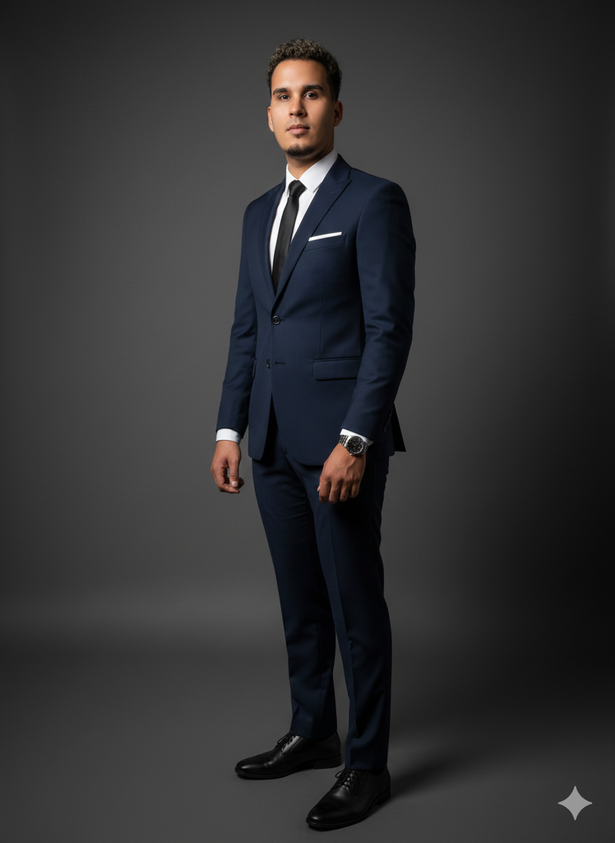 Juan aparece vestido con un traje azul marino, zapatos negros, corbata negra, camisa blanca y un pañuelo blanco en el bolsillo delantero del traje